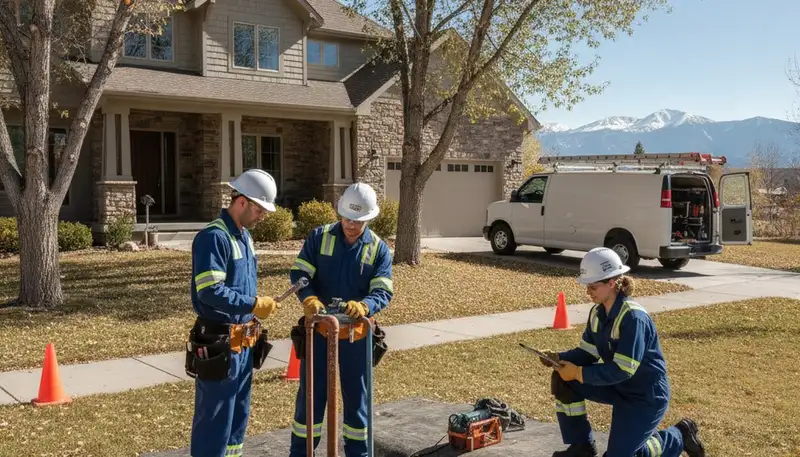 Denver, CO plumbing repair team servicing a residential pipe leak on site