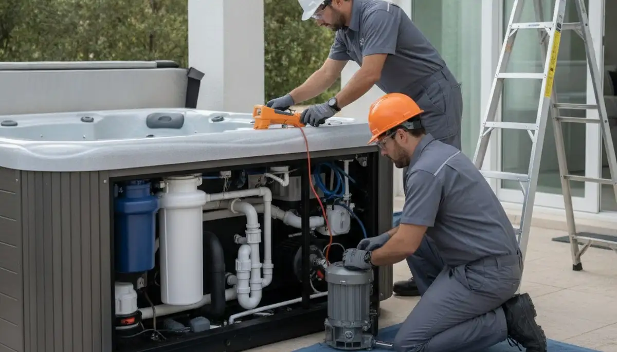 Spa repair technician servicing a Denver, CO home spa for On Call Plumbers