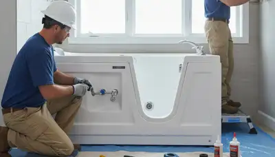 Denver, CO plumber installing a walk-in tub for safer bathing in a residential bathroom