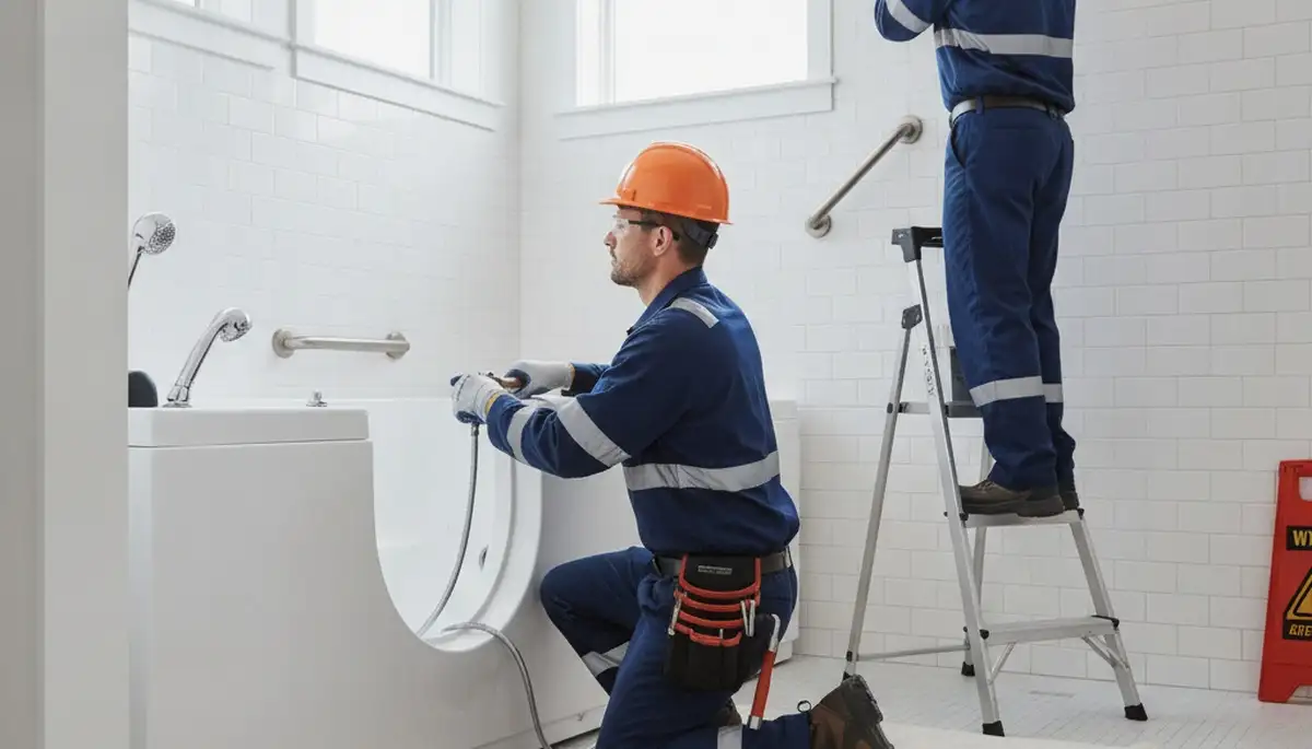 Denver, CO plumber installing walk-in tub for safer bathing in a home bathroom